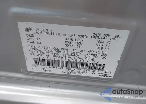 2012 Mitsubishi Galant Es/Se from USA, damaged, VIN 4A32B3FF9CE012460